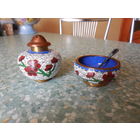 Солонка, перечница + серебряная ложечка. Эмаль.