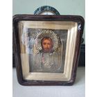 Икона Господь Вседержитель. Оклад, киот. Икона 17,5 см на 14,5 см, киот 25 см на 22 см.  В.С.Крестьянинов. Мстёра. До 1917 г. Торги с 1 рубля. МЦ.