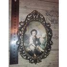 Шелкография "Мальчик с ягнёнком", времён СССР, в латунной рамке, размер 19*14 см.