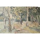 Картина акварель бумага березы пейзаж 1960 СССР