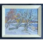 Поплавский Г.Г "Зимний пейзаж с лодкой и домиком", 2004г. Холст, акрил. Размер 40х50 см.