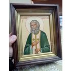 Рукописная икона "Пр. Серафим Саровский", с киотом 19х23х7см.  яичная темпера, левкас