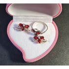 Комплект серьги + кольцо с красными камнями серебро 925 #31, С РУБЛЯ! МНОГО ЛОТОВ С РУБЛЯ!!