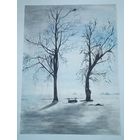 Картина зима пейзаж акварель природа деревья