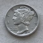 США 10 центов (дайм) 1943 Mercury Dime (Филадельфия - без отметки МД) - серебро 0,900, очень красивый!