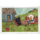 Открытка. Коты. Котики. Котята. Семья. Фауна, животные. Лето, домик в деревне, обед. Пирожки. Молоко. Художник Анастасия Еременко (чистая)