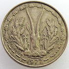 Западная Африка, 5 франков 1977 года, состояние XF, животные, газель, KM#2