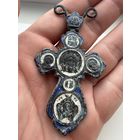 Крестик нательный старинный "Иисус со святыми" с Эмалями Синей и Белой