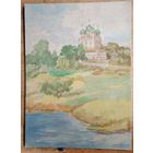 Церквушка. Акварель. Холст. 44х60 см.