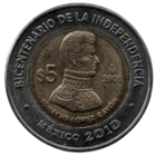 МЕКСИКАНСКИЕ СОЕДИНЁННЫЕ ШТАТЫ. 5 ПЕСО 2008. Игнасио Лопес Район. Двухсотлетие независимости. БИМЕТАЛЛ