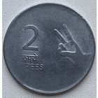 Индия 2 рупии 2011 г. Рука с двумя пальцами. Калькутта (Без отметки монетного двора). Брак непрочекан