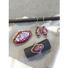 Серьги, брошь и кольцо скань, цветочная красная финифть, винтаж, СССР, мельхиор