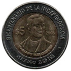 МЕКСИКАНСКИЕ СОЕДИНЁННЫЕ ШТАТЫ. 5 ПЕСО 2008. Мариано Матаморос. Двухсотлетие независимости. БИМЕТАЛЛ