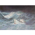 Почтовая карточка "НИС "Михаил Ломоносов" во время урагана в проливе Дэвиса. Декабрь 1965 года"