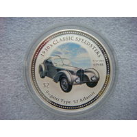2 доллара 2006. Острова Кука. Bugatti Type 57 Atlantic. Автомобиль ретро. Королева Елизавета II. Серебро 999 пробы. Вес 31,5 (1 унция).