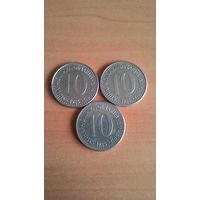 Югославия, сборный лот монет номиналом 10 динар 1983, 1984, 1985.
