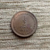 Werty71 Карибские острова 1/2 цента 1955 Елизавета 2 редкая Карибы