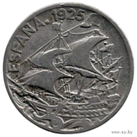 Королевство Испания. 25 сентимо 1925. Корабль. Каравелла. Парусник.