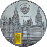 Палау 25 долларов 2023г. Тиффани "Tiffany Art: Лондон -  Вестминстерский дворец". Black Proof. Монета в капсуле; подарочной рамке; сертификат; коробка. СЕРЕБРО 155,50гр.(5 oz).