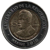 МЕКСИКАНСКИЕ СОЕДИНЁННЫЕ ШТАТЫ. 5 ПЕСО 2008. Хосе Васконселос. Столетие революции. БИМЕТАЛЛ