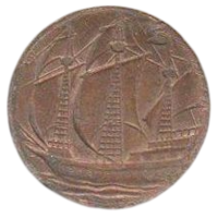 Изделие (поделка) из подлинной монеты. Великобритания. 1/2 пенни. Корабль. Парусник.