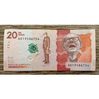 Werty71 Колумбия 20000 песо 2016 банкнота Альфонсо Лопес Микельсен
