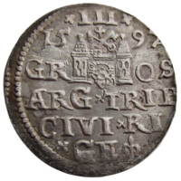 Речь Посполитая: Литва и Польша, трояк (м.д. Рига)/ 3 Grossus (Riga) 1597 г., состояние XF, Жигимонт III