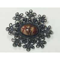 Брошь,снежинка,скань,яшма,мельхиор