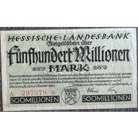 Германия 500 миллионов марок 1923 г Гессен Народная Республика (Volksstaat Hessen) HES7a, XF