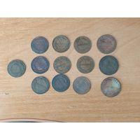 Лот из 12 медных монет Николая 2 и 1 монеты Александра 3. 1894-1910 г.