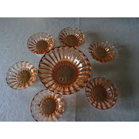 Набор для варенья, карамельное стекло, винтаж СССР, вазочка 1 шт - верх 16 см, донышко 8 см, выс. 5,5 см, розетка - 6 шт -верх 10 см, донышко 6 см, выс 2,5 см