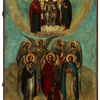 Икона Собор Архангела Михаила и прочих Небесных Сил бесплотных, масло, середина 19 века! 65-60см. Храмовая!