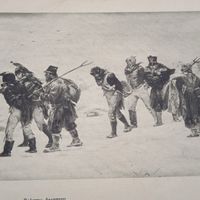 Пленные французы. Энциклопедическая гравюра СПБ. 19-20века 25х17см.