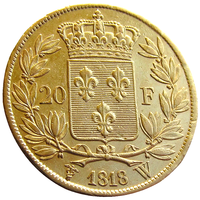 Франция, 20 франков 1818 г., знак: W (Лилль), сост. XF, гурт: DOMINE SALVUM FAC REGEM, Au 900/ 6,45 г., Людовик XVIII, KM# 712 Доставка только при личной встрече, связь по телефону или мессенджеру.