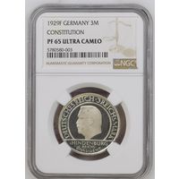 Германия.Веймарская республика. 3 марки 1929 F. слаб NGC PF65 Ultra Cameo
