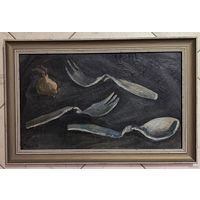 Шарков В.В. "Вилки и ложка" 1987г. ДВП, масло. Размер 57х37,5 см.