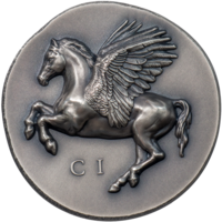 Острова Кука 5 долларов 2022г. Нумизматические иконы. "Пегас". Монета в подарочной рамке - футрляре; сертификат; коробка. СЕРЕБРО 31,10гр.(1 oz).