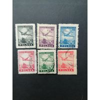 Польша 1946 Полная серия марок "Авиапочта: самолет над Варшавой" (гашение без клея, есть наклейки) Mi.428-433 каталог 2.40 евро