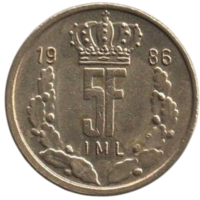 Великое Герцогство Люксембург. 5 франгов ( франков ) 1986. Великий Герцог Жан Бенуа Гийом Робер Антуан Луи Мария Адольф Марк д' Авьяно Бурбон Пармский.