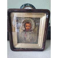 Икона Господь Вседержитель. Оклад, киот. Икона 17,5 см на 14,5 см, киот 25 см на 22 см.  В.С.Крестьянинов. Мстёра. До 1917 г. Торги с 1 рубля. МЦ.