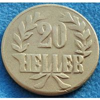 Германская Восточная Африка.  20 геллеров 1916 год  KM#15a  Тираж: 1.600.000 шт  Латунь /желтый цвет/
