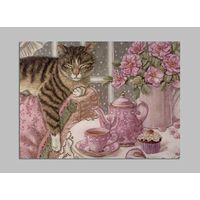 Открытка. С праздником! Фауна. Животные. Кот. Котик. Розовый сервиз. Посуда. Цветы. (чистая)