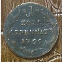 Монета 1 пфенниг 1766 год. Карл IV Теодор. Курпфальц