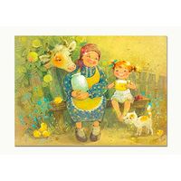 Открытка. Животные. Корова. Яблоки. Лето. Молоко. Завтрак. Дети. Бабушка. Художник Ек. Бабок (чистая)