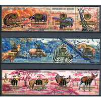 Бурунди - 1971г. - африканские животные, надпечатка ООН - 12 марок - 3 сцепки - полная серия, MNH, у каждой сцепки есть по одному сгибу по перфорации [Mi 762-773]. #3-Bu-Z-1-26