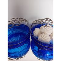 Цветное стекло. Корзинка. Вазочка. Синее стекло. Конфетница. Кобальт