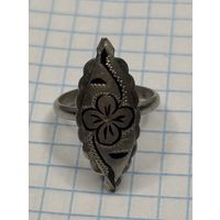 С 1 РУБЛЯ! ЖЕНСКОЕ КОЛЬЦО ЧЕРНЬ ЦВЕТОК СЕРЕБРО 925 ПРОБА ДИАМЕТР 17 ММ. ВЕС 3.2 ГРАММА