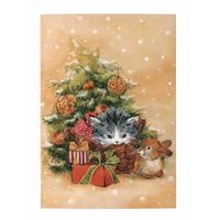 Открытка. С новым годом! Ёлочка. Фауна. Животные. Котики. Серый котенок. Зайчик, подарки. Худ. Е. Фаенкова (чистая)
