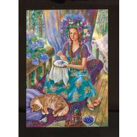 Открытка. Рукоделия. Фольклор. Цветы. Гортензия. Девушка. Вышивка. Рыжий кот. Худ. Таня Сытая (чистая)