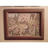 Гобелен Германия 1950-ые 55х42 см Мальчик с собакой в деревянной раме.